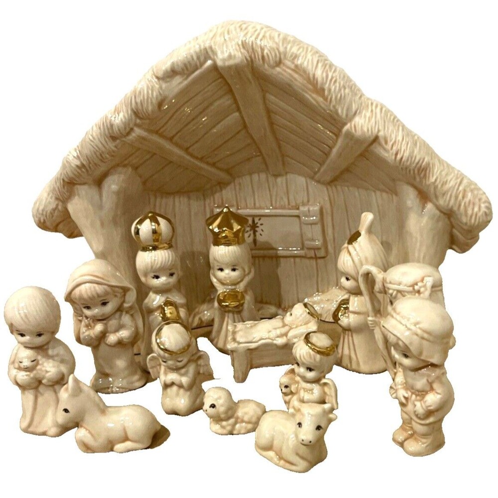 Ceramic Glazed Nativity Scene Christmas Village Holiday Decor 14 Pieces